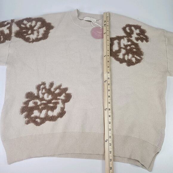 NWT Intarsia Floral Knitted Oversized Sweater Large Cream Brown Flowers - Picture 4 of 8